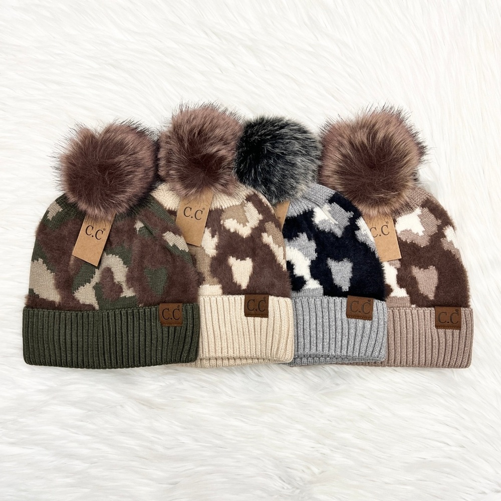 C.C Camo Print Pom Beanie, Winter Hat, Winter Camouflage Beanie, Knit Beanie